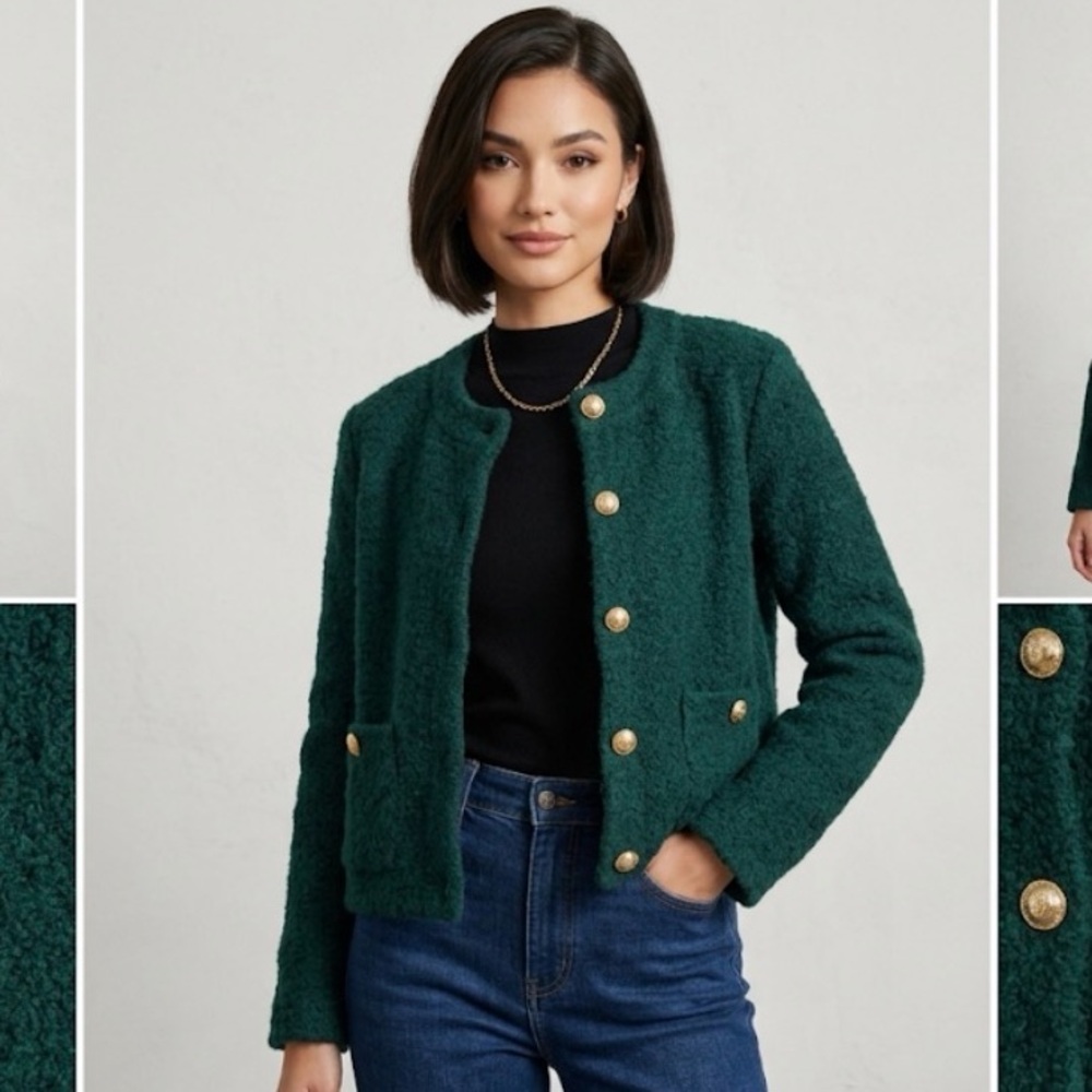 Marled Green Teddy Jacket with Gold Buttons
